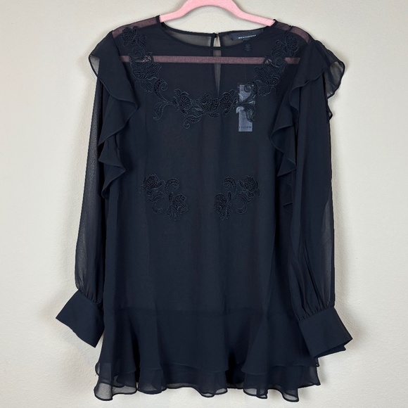 White House Black Market Tops - WHBM Black Sheer Long Sleeve Tunic Blouse with Floral Appliqué/Ruffle Accent NWT